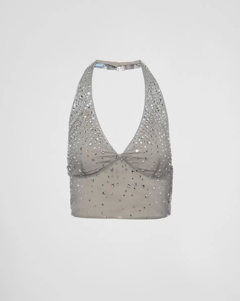 Store Prada Kristallbesetztes Top Aus Tüll   Granitgrau