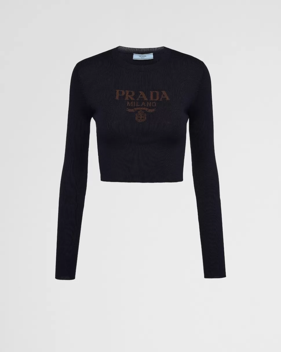 Sale Prada Kurzer Pullover Aus Seide Mit Logo Blau
