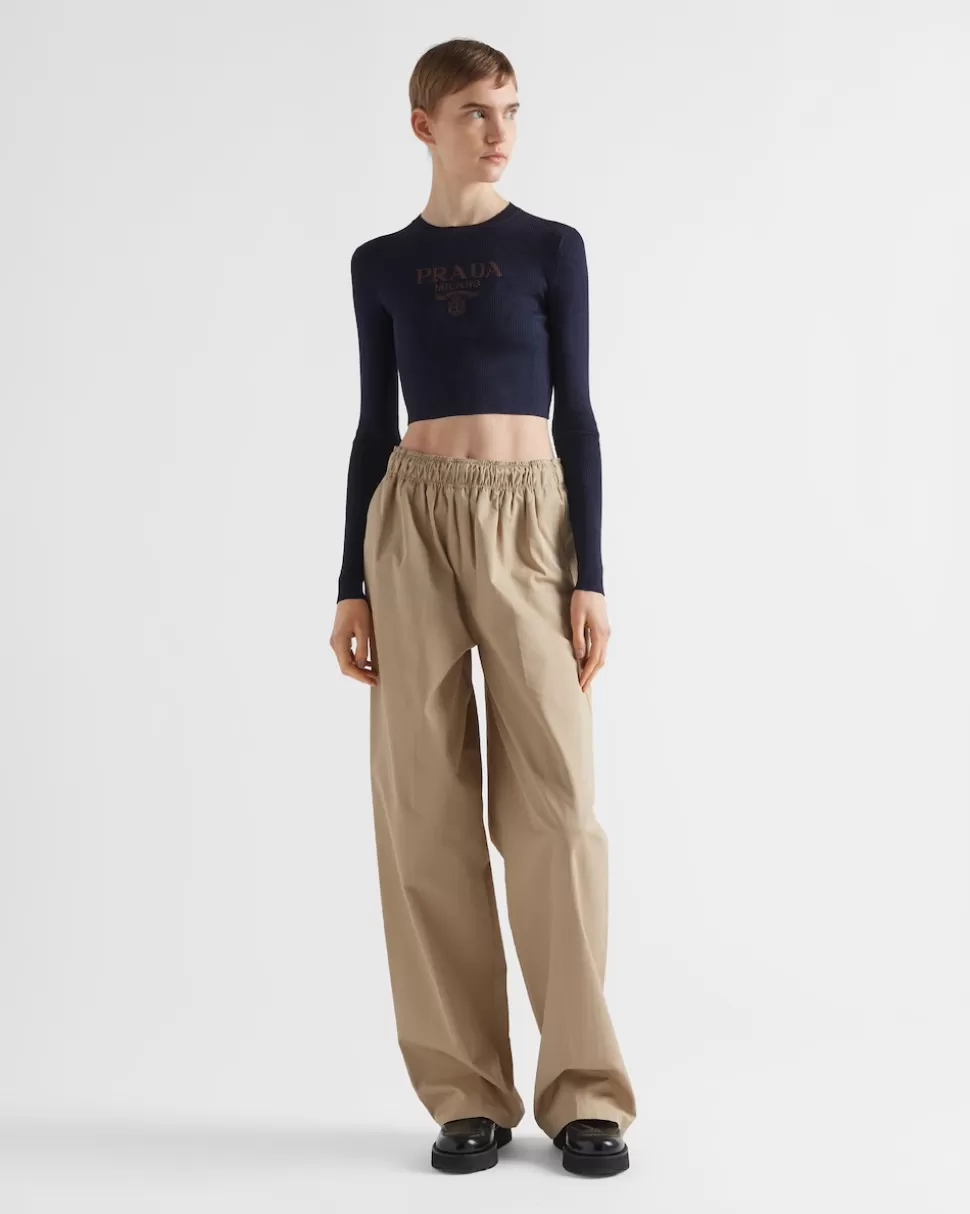 Sale Prada Kurzer Pullover Aus Seide Mit Logo Blau