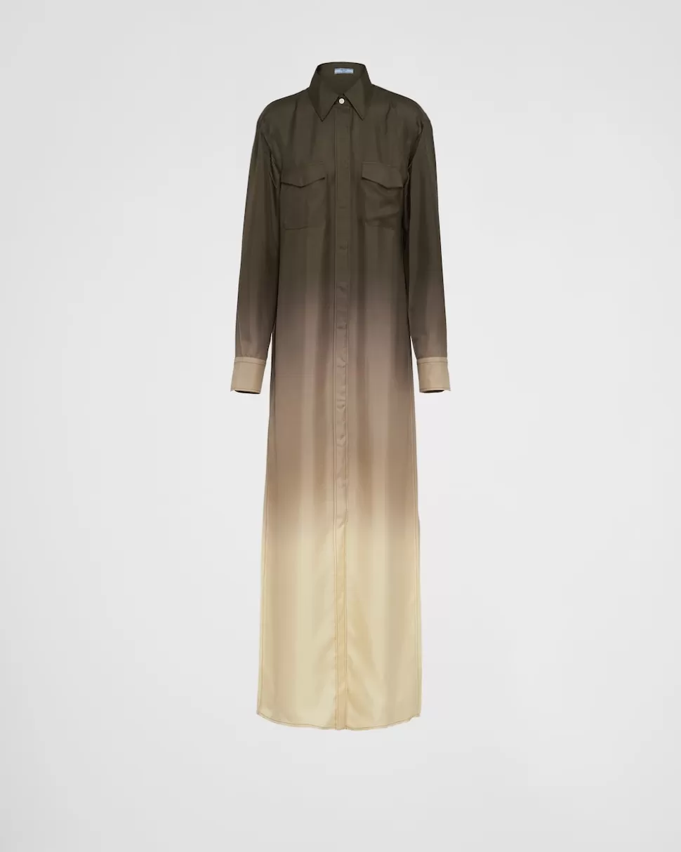 Cheap Prada Langes Kleid Aus Seidentwill Camouflage/Grün