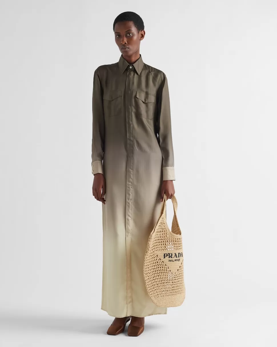 Cheap Prada Langes Kleid Aus Seidentwill Camouflage/Grün