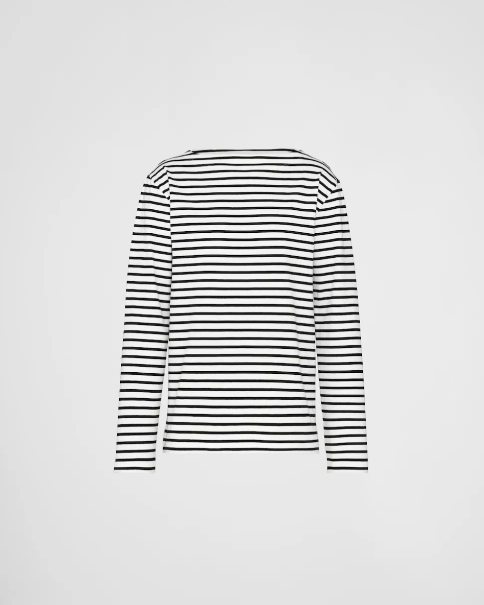 Online Prada Langärmliges T-shirt Aus Jersey Weiss/Blau