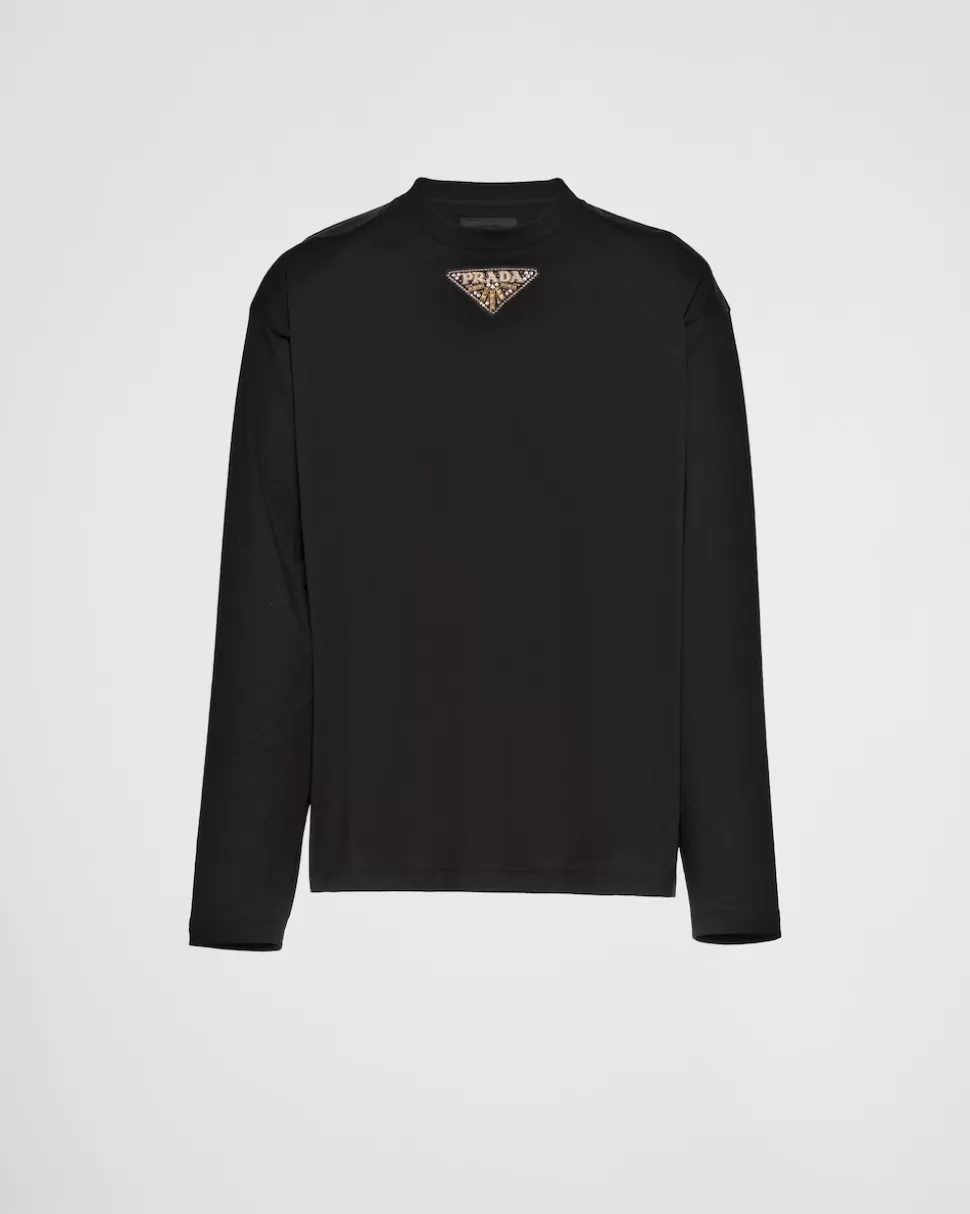 Fashion Prada Langärmliges T-shirt Aus Jersey Und Re-nylon Schwarz
