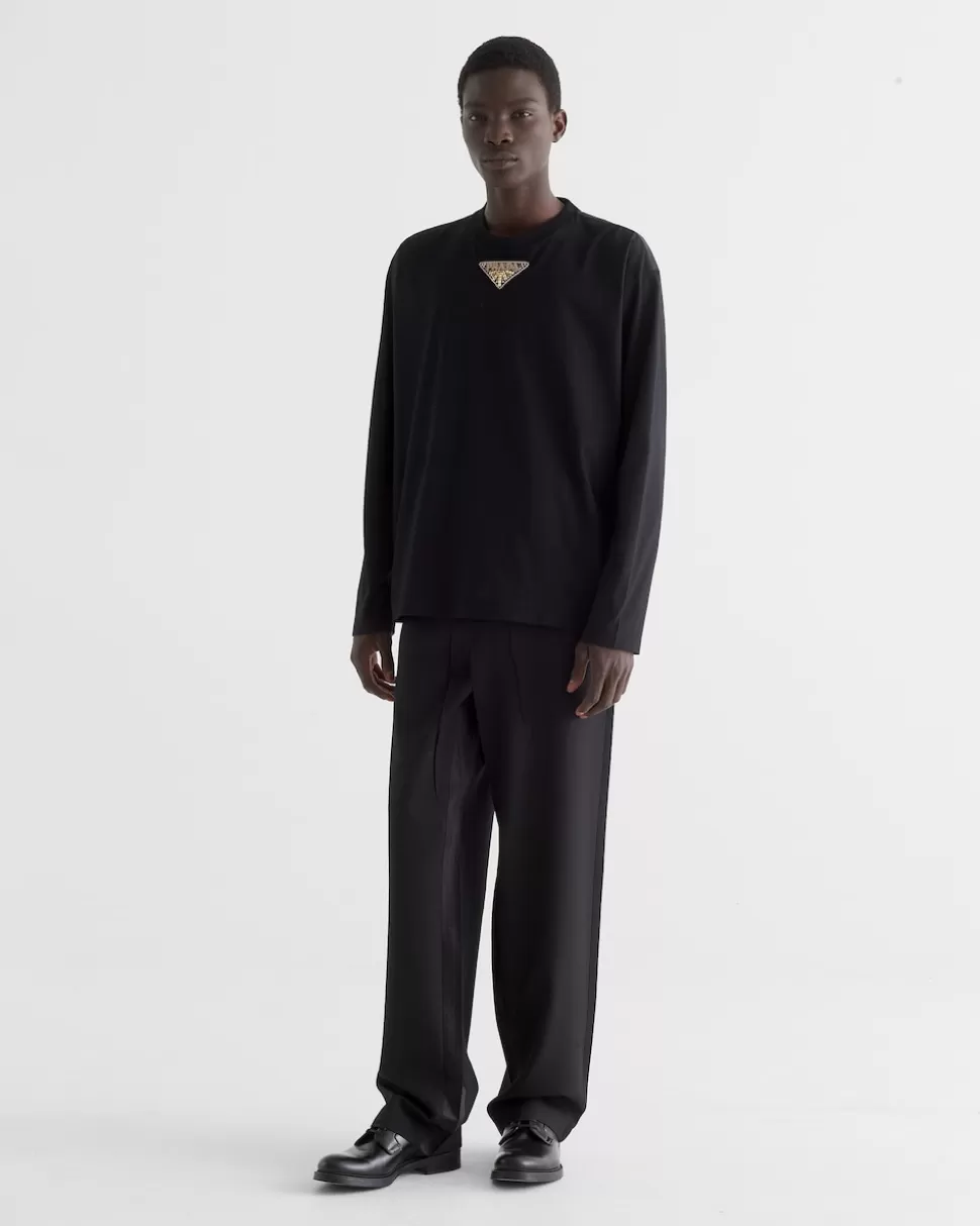 Fashion Prada Langärmliges T-shirt Aus Jersey Und Re-nylon Schwarz