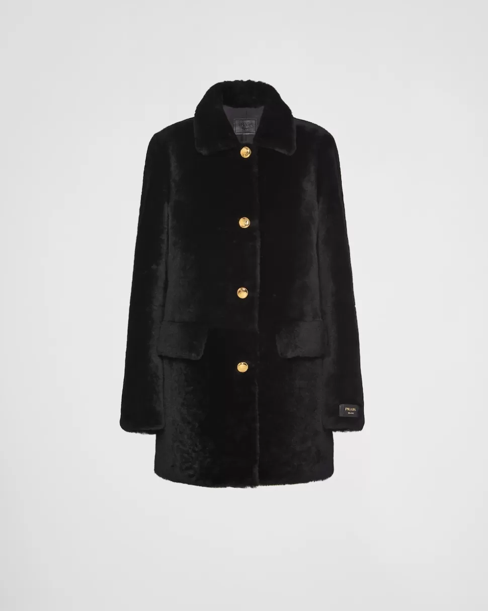 Clearance Prada Mantel Aus Lammfell Schwarz
