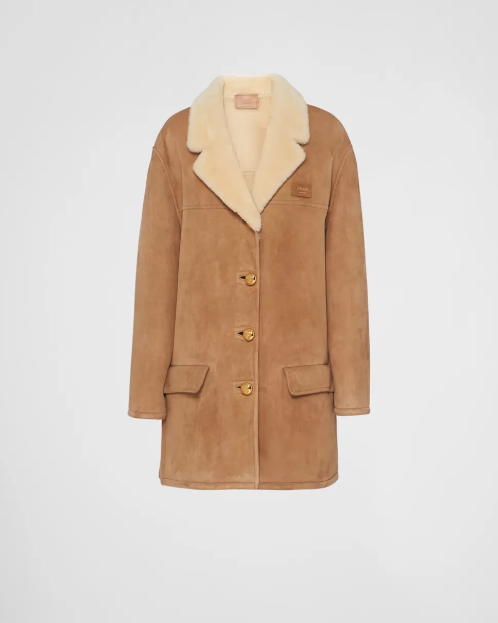 Fashion Prada Mantel Aus Lammfell Kamel/Natur