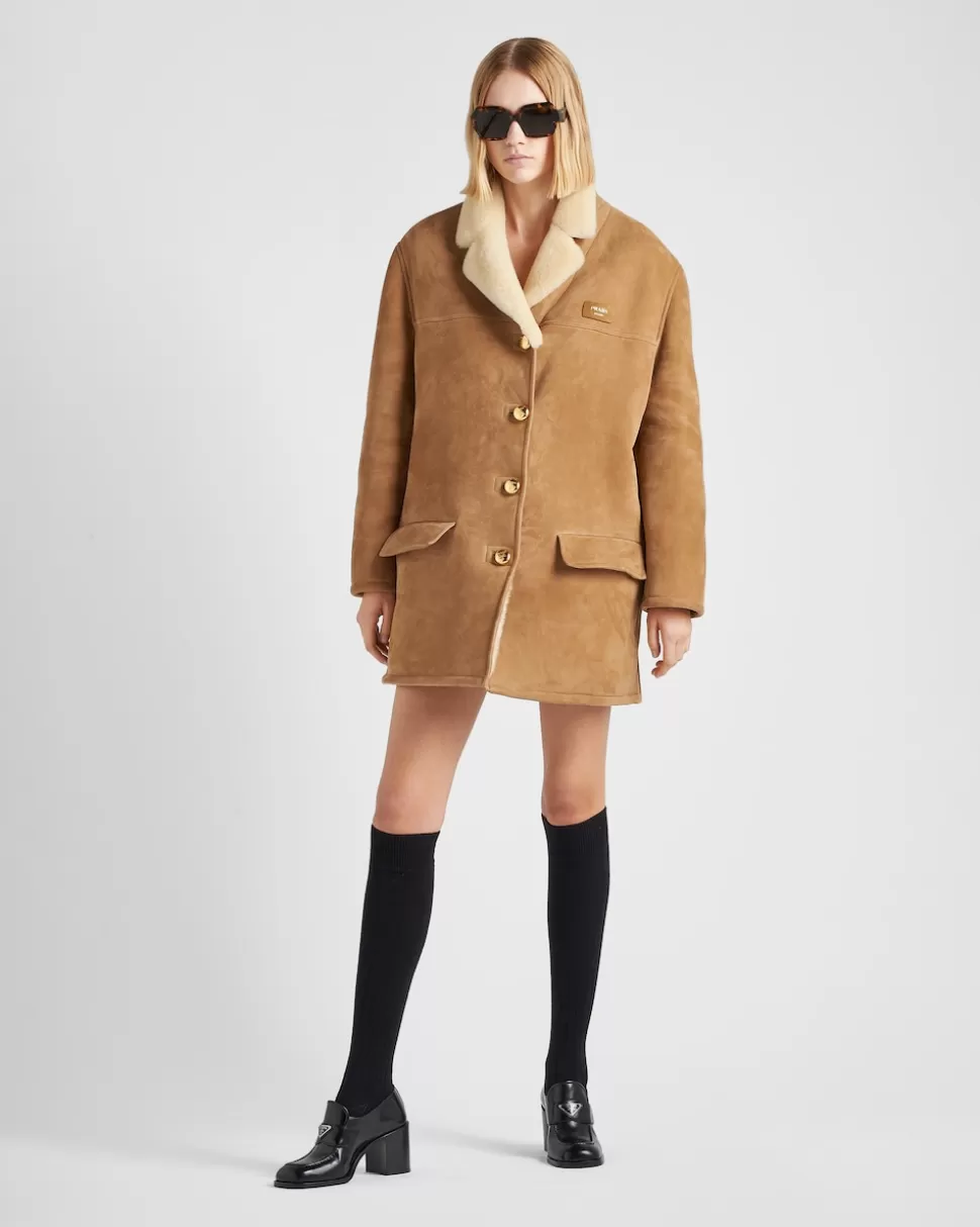 Fashion Prada Mantel Aus Lammfell Kamel/Natur