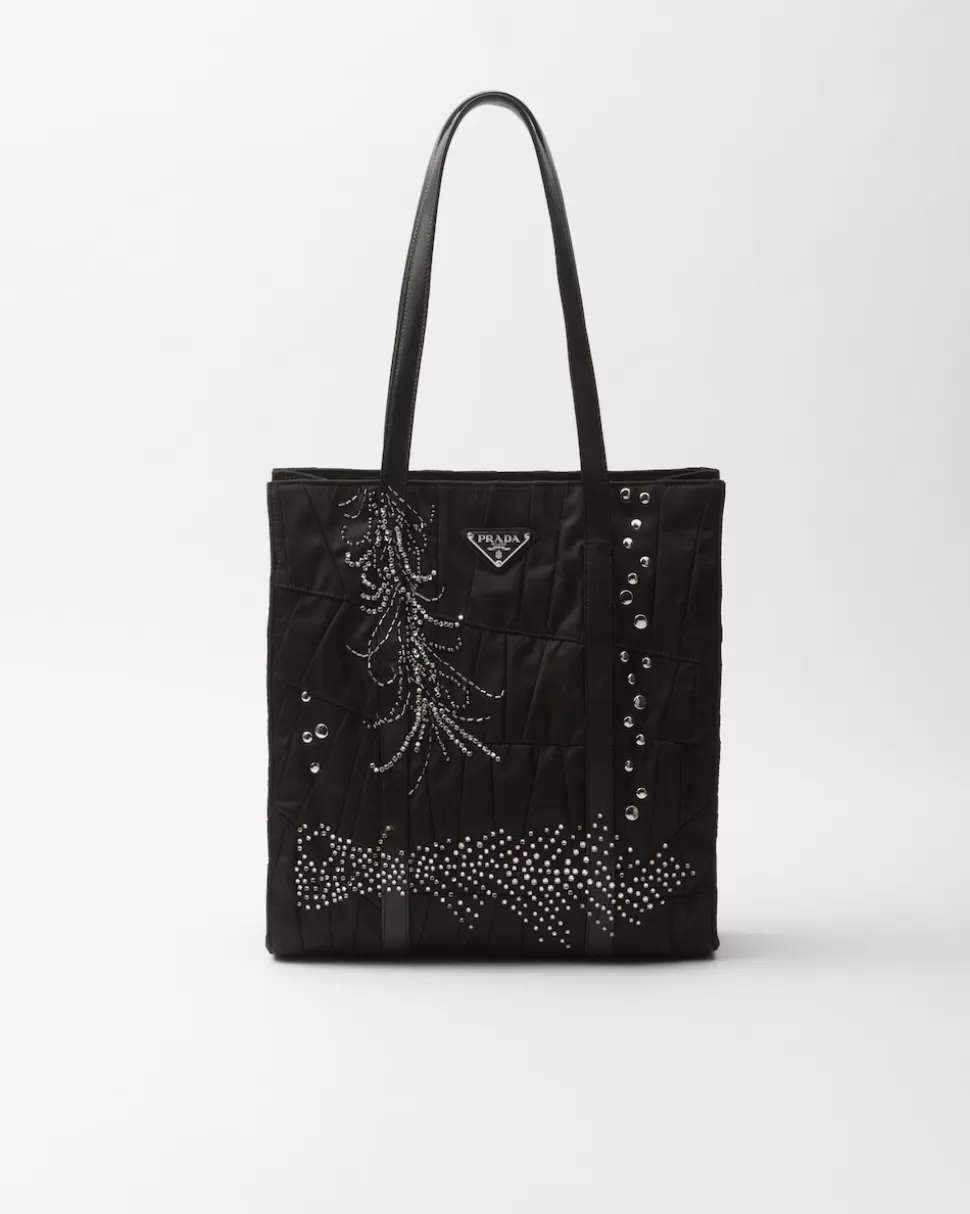 Clearance Prada Mittelgroße Patchwork-tote-bag Aus Re-nylon Mit Stickerei Schwarz