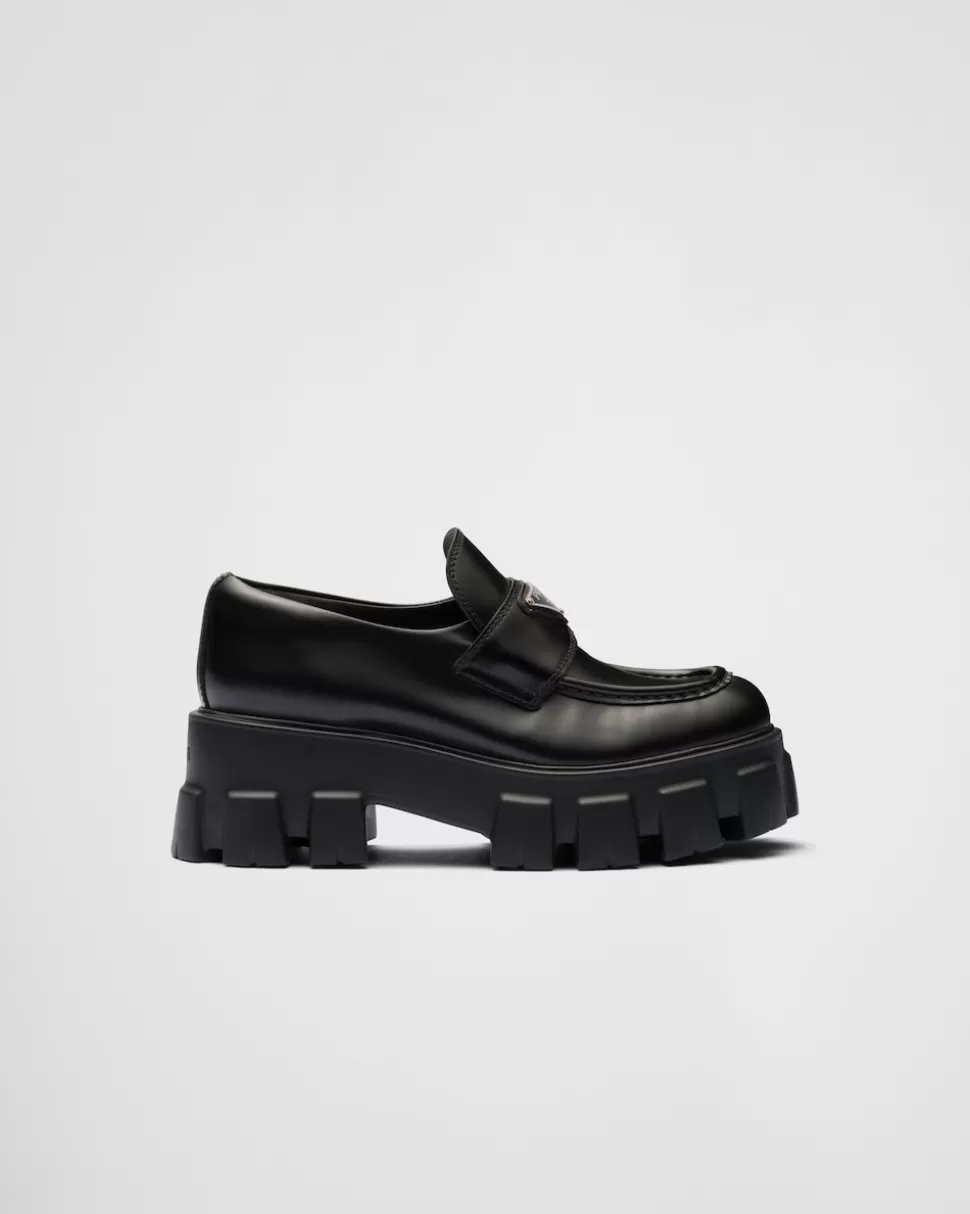 Discount Prada Monolith Mokassins Aus Gebürstetem Leder Schwarz