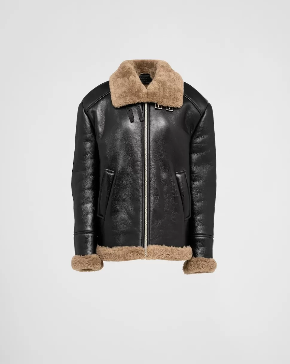 Store Prada Oversize-jacke Aus Lammfell Schwarz/Ahornbraun