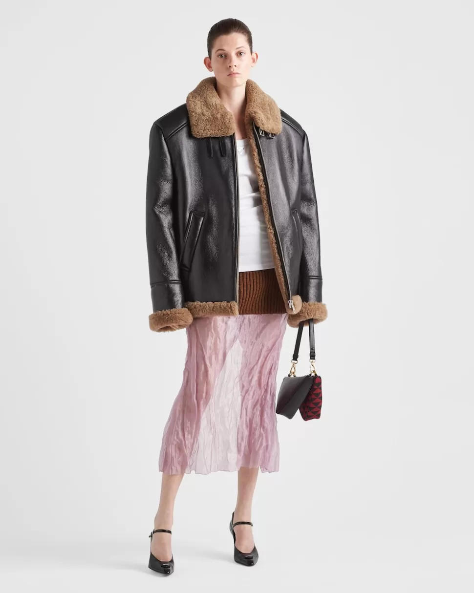 Store Prada Oversize-jacke Aus Lammfell Schwarz/Ahornbraun