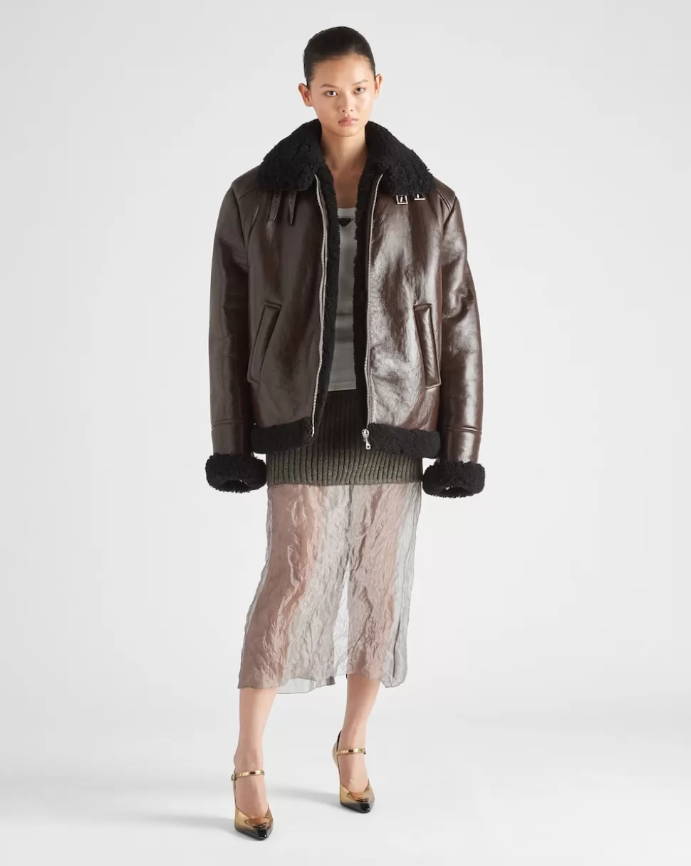 Hot Prada Oversize-jacke Aus Lammfell Schwarz/Ahornbraun