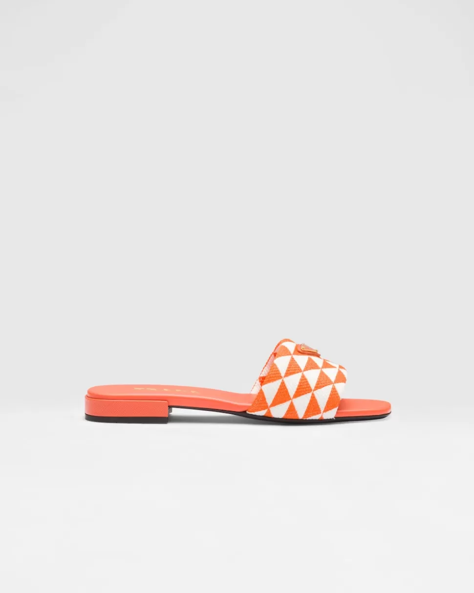 Fashion Prada Pantoletten Aus Besticktem Stoff Ostseeblau/Kalkweiss
