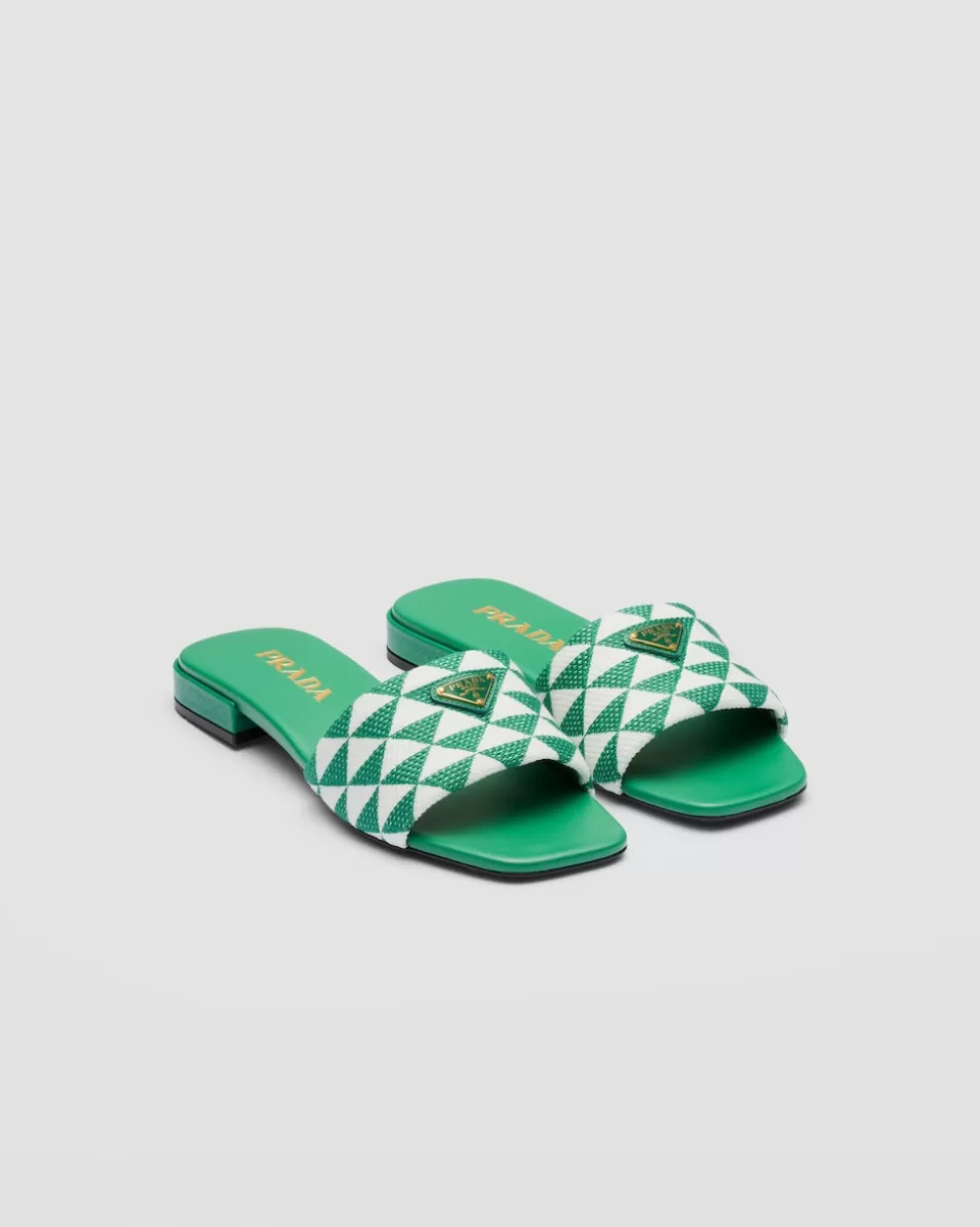 Store Prada Pantoletten Aus Besticktem Stoff Ostseeblau/Kalkweiss