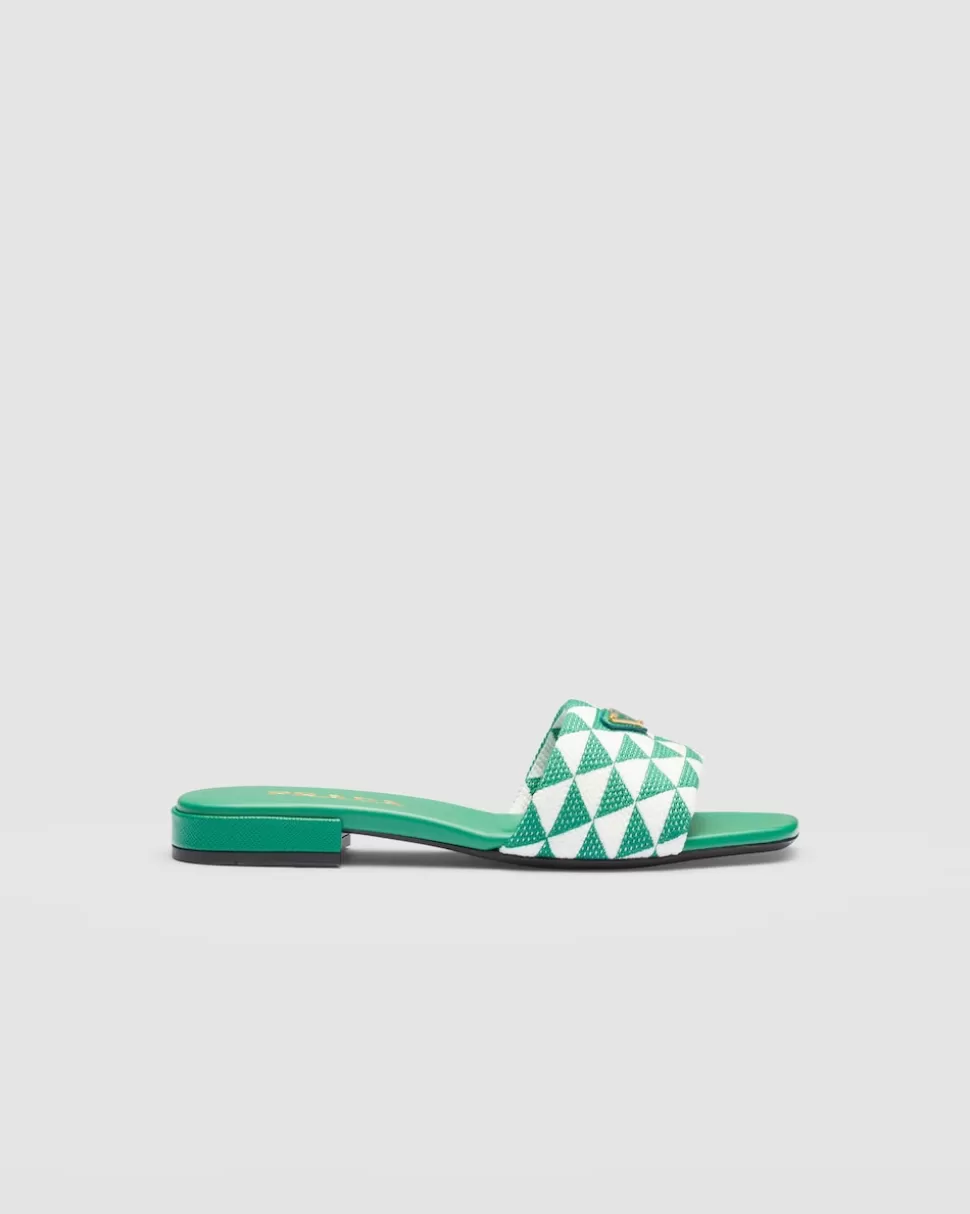 Store Prada Pantoletten Aus Besticktem Stoff Ostseeblau/Kalkweiss
