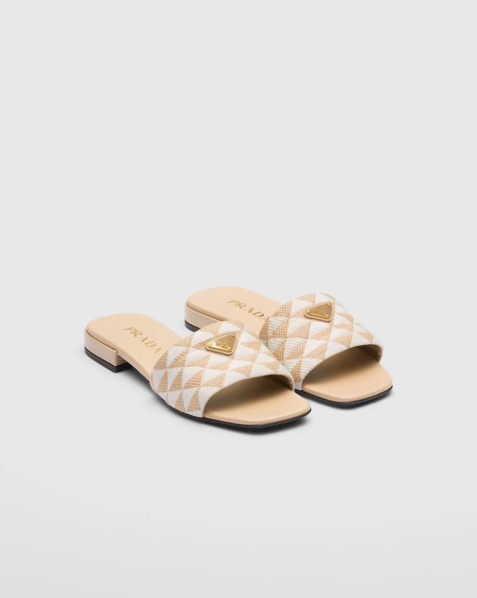 New Prada Pantoletten Aus Besticktem Stoff Ostseeblau/Kalkweiss