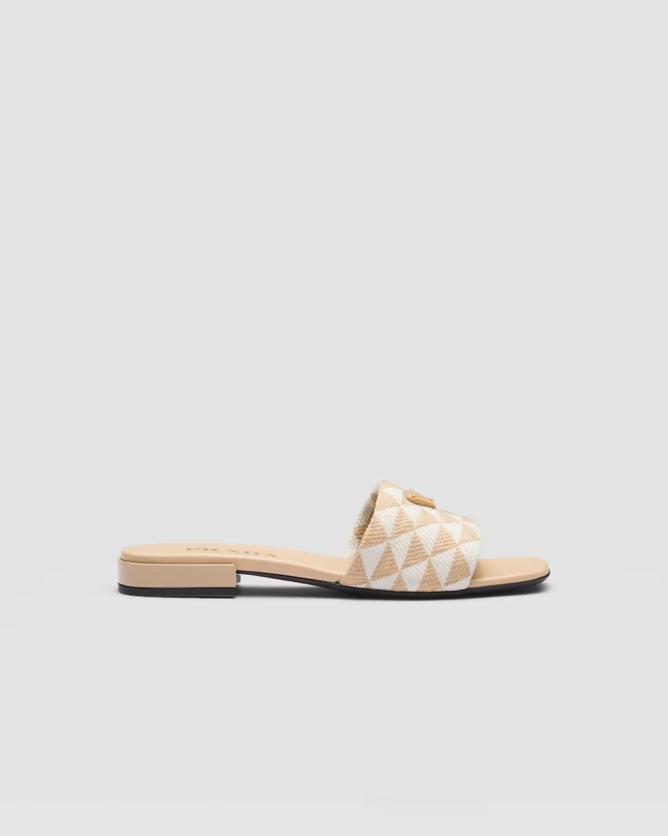 New Prada Pantoletten Aus Besticktem Stoff Ostseeblau/Kalkweiss
