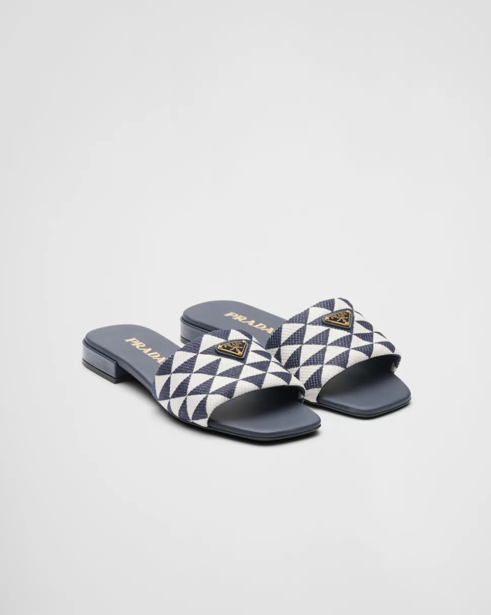 New Prada Pantoletten Aus Besticktem Stoff Ostseeblau/Kalkweiss