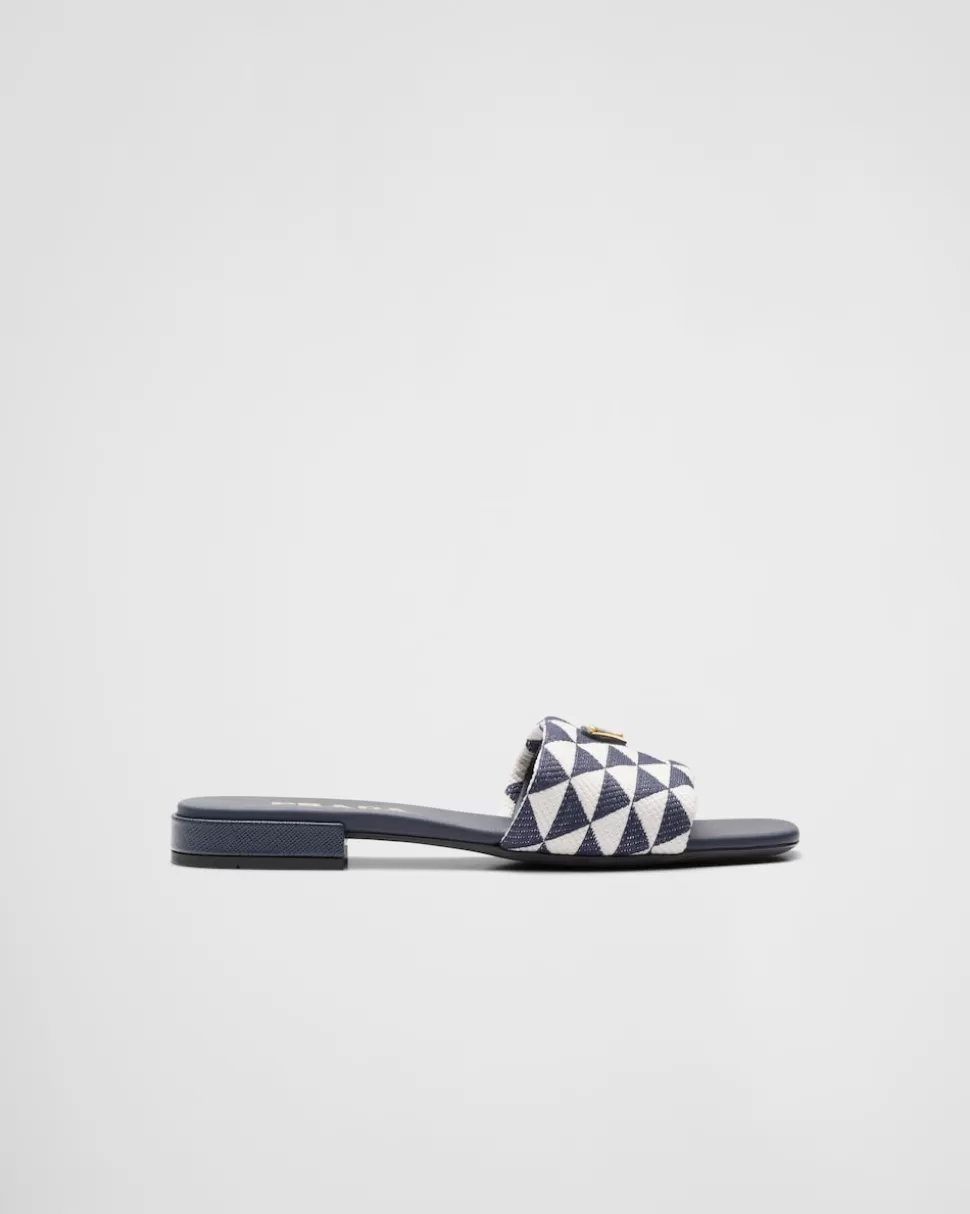 New Prada Pantoletten Aus Besticktem Stoff Ostseeblau/Kalkweiss