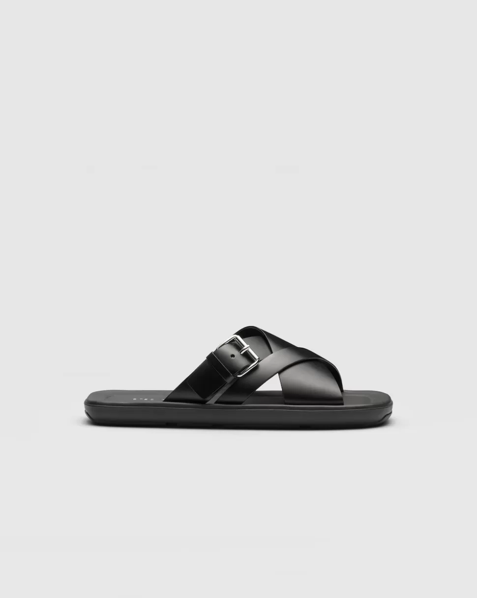 Online Prada Pantoletten Aus Gebürstetem Leder Schwarz