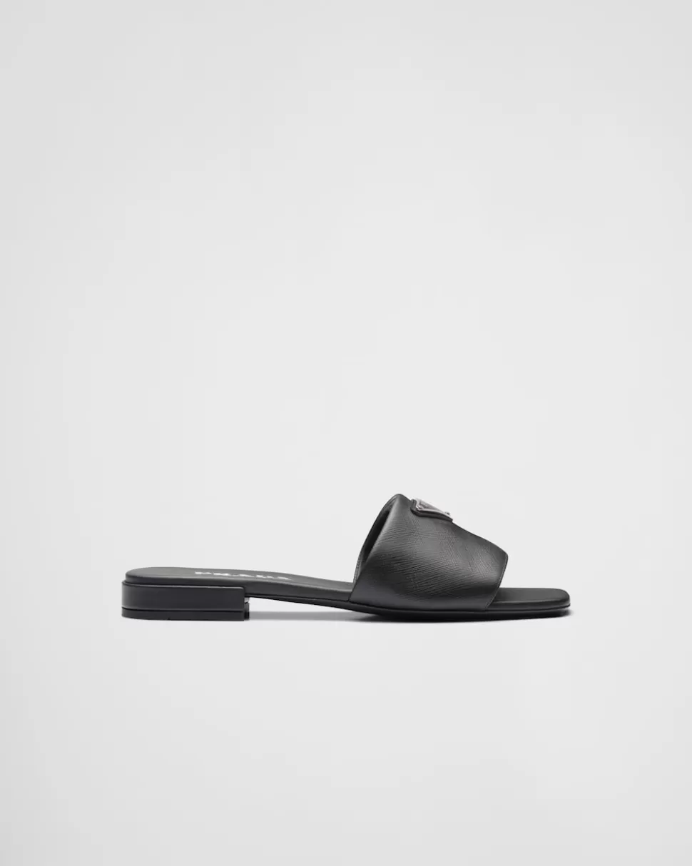 New Prada Pantoletten Aus Saffiano-leder Schwarz
