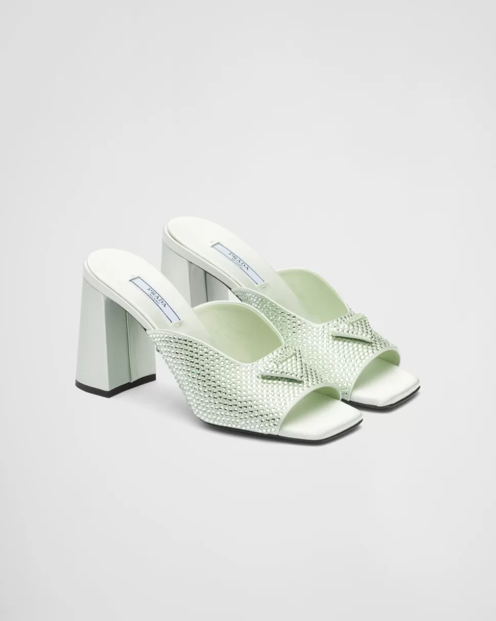 Store Prada Pantoletten Aus Satin Mit Hohem Absatz Und Kristallen Schwarz