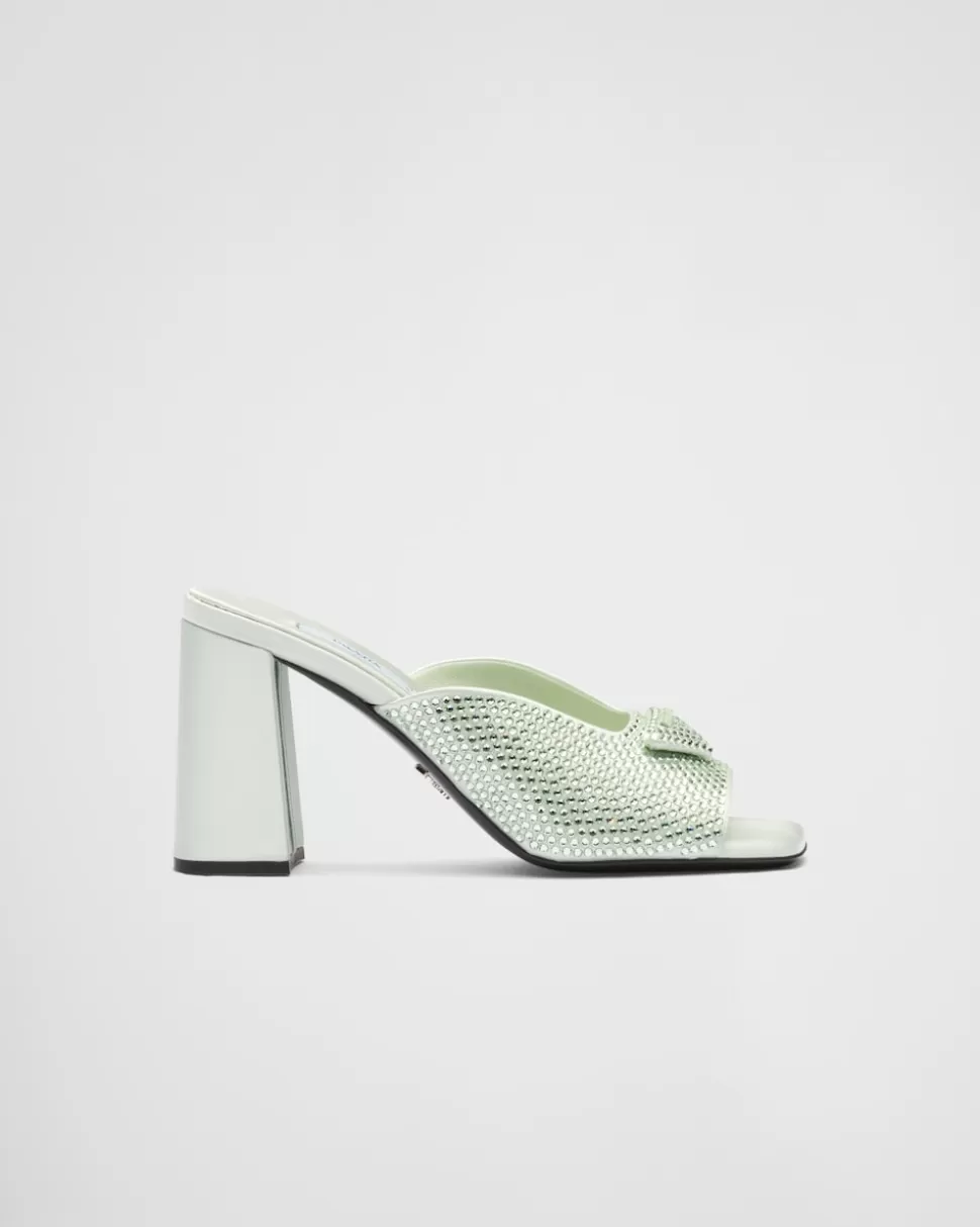 Store Prada Pantoletten Aus Satin Mit Hohem Absatz Und Kristallen Schwarz