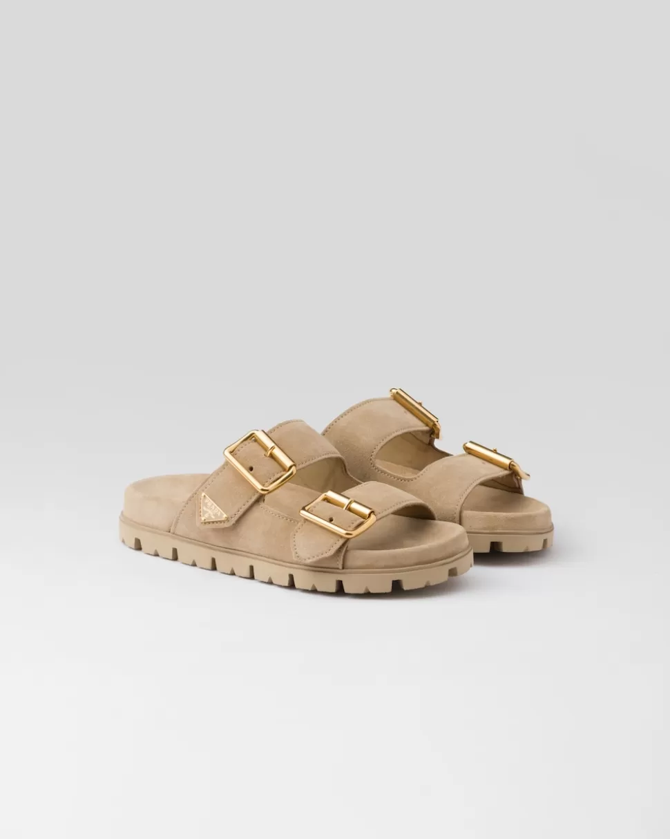 Shop Prada Pantoletten Aus Wildleder Mit Riemen Ecru