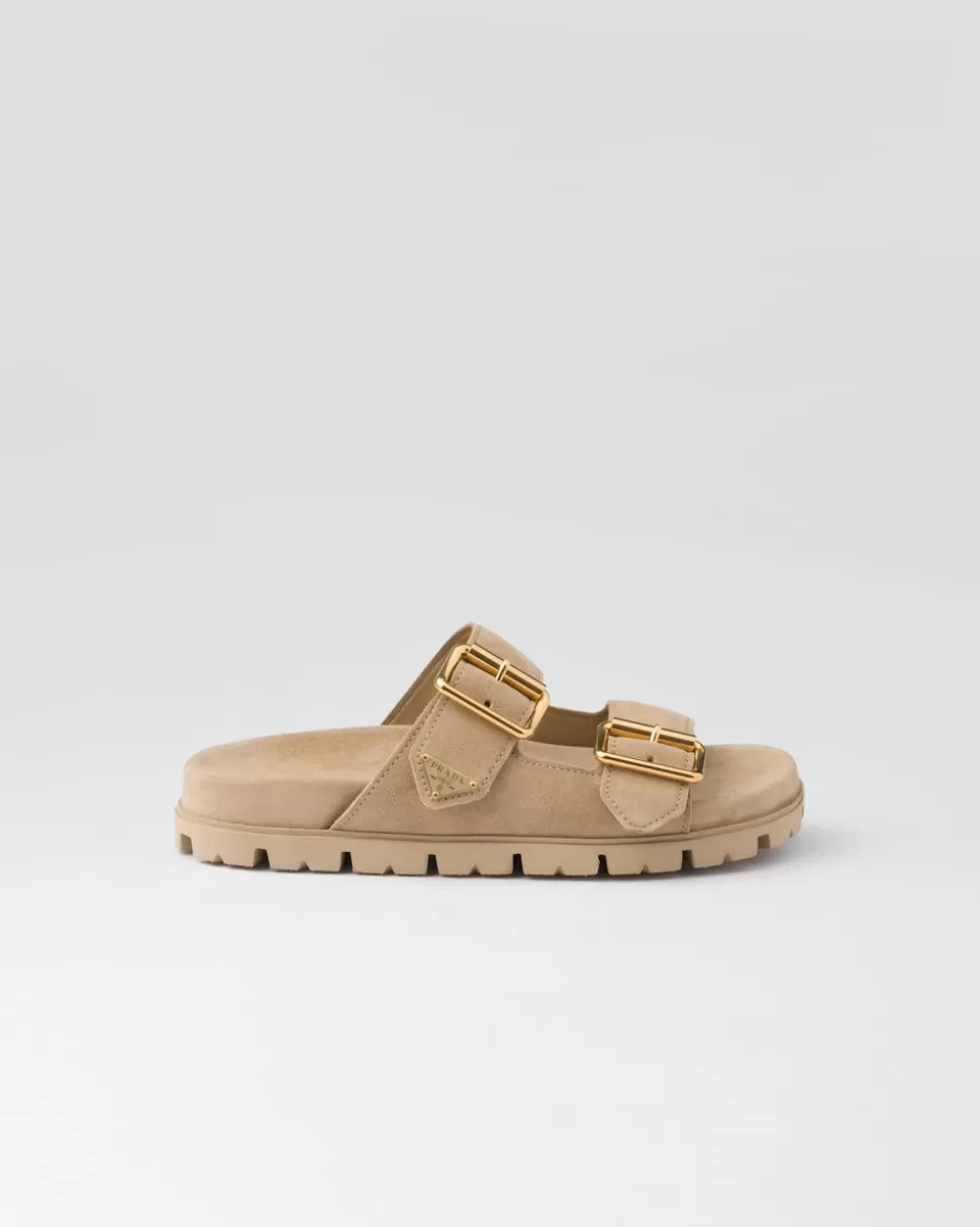 Shop Prada Pantoletten Aus Wildleder Mit Riemen Ecru