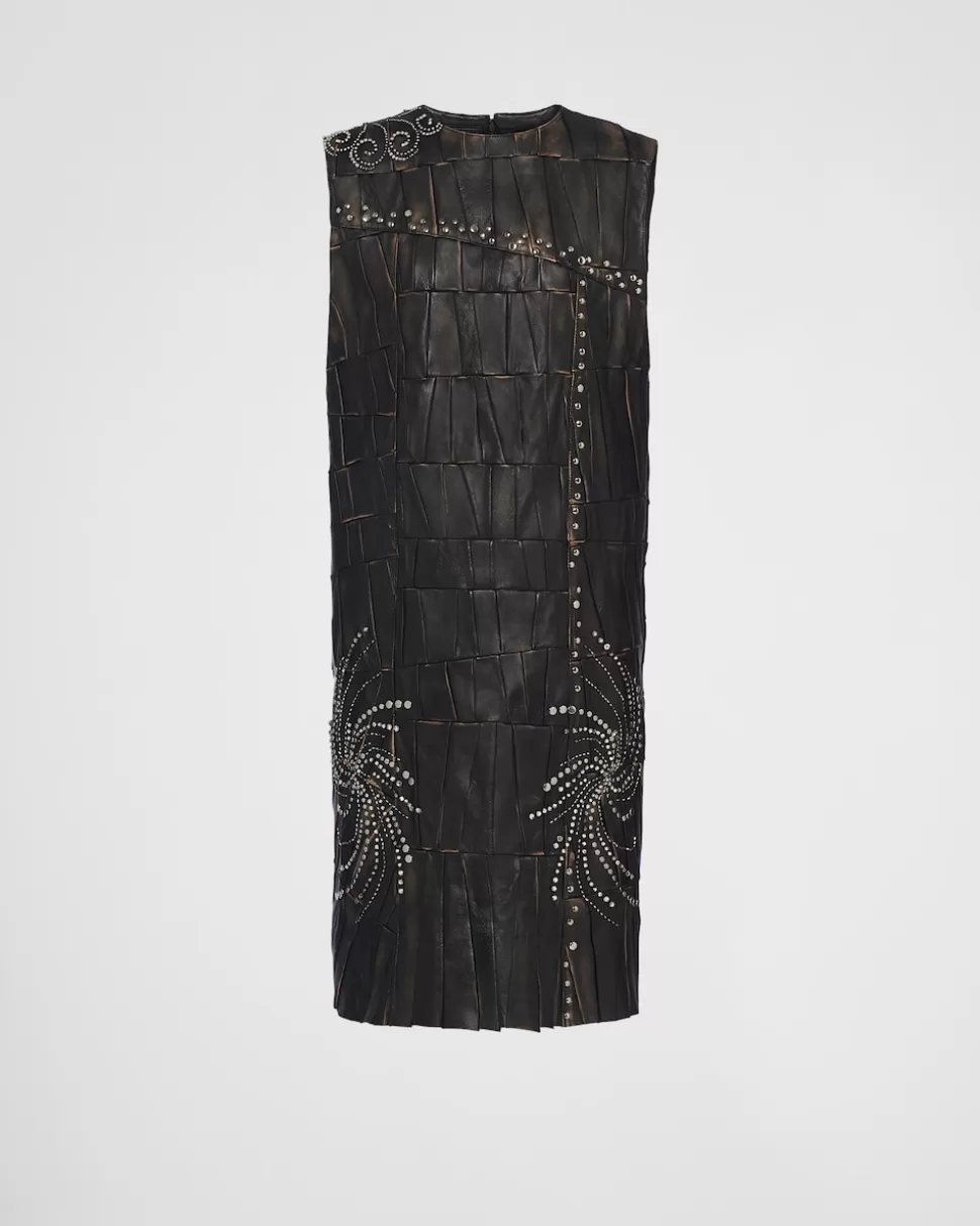 Store Prada Patchwork-kleid Aus Nappa-leder Schwarz