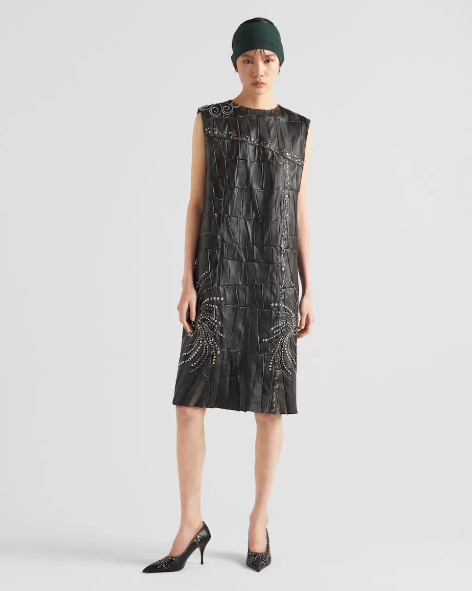Store Prada Patchwork-kleid Aus Nappa-leder Schwarz