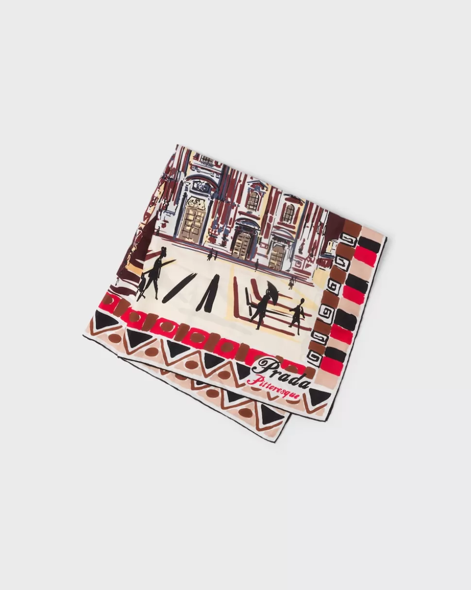 Store Prada Pittoresque Mailand-print 90 Seidentuch Burgunderrot