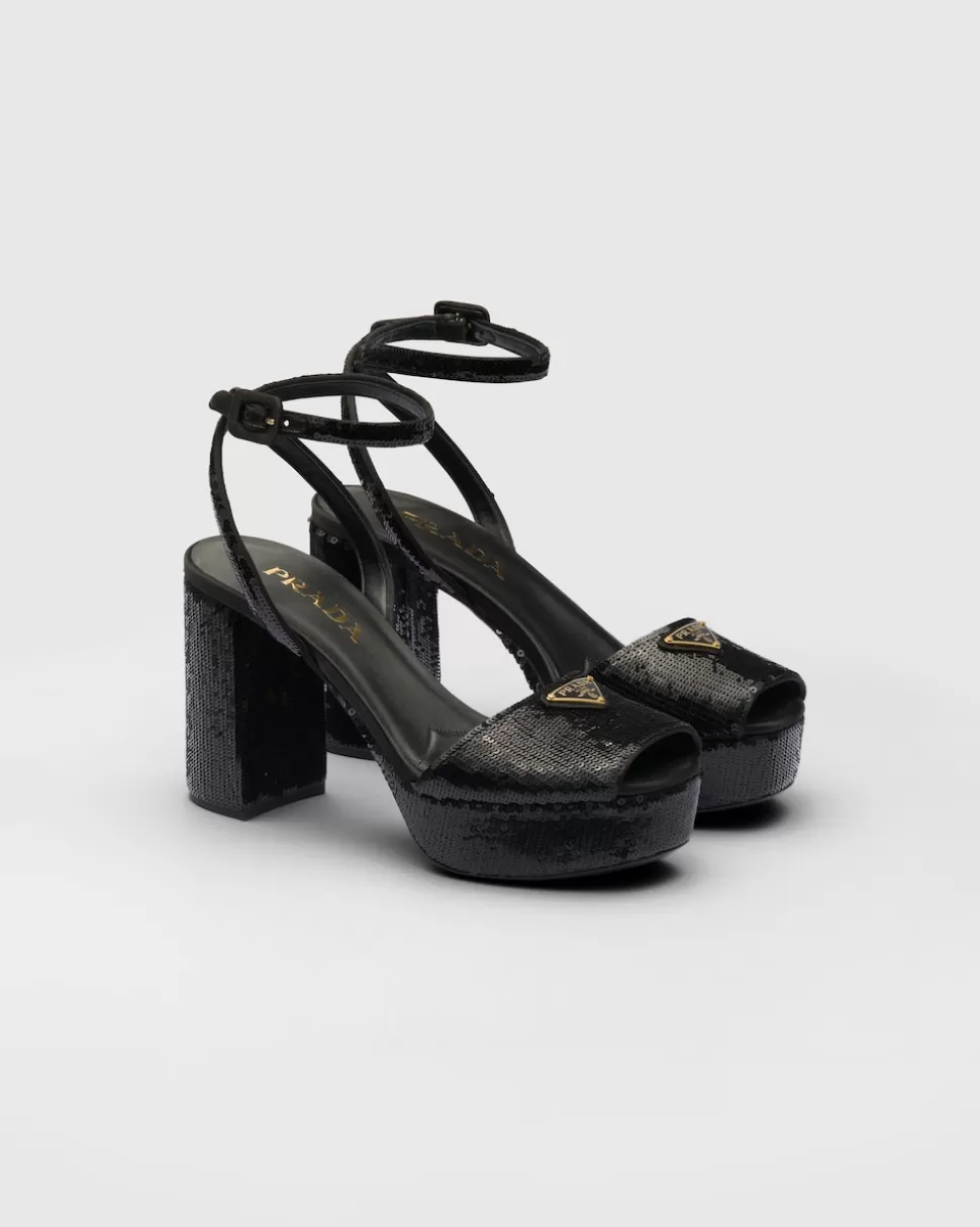 Hot Prada Plateausandalen Aus Satin Mit Paillettenbesatz Schwarz