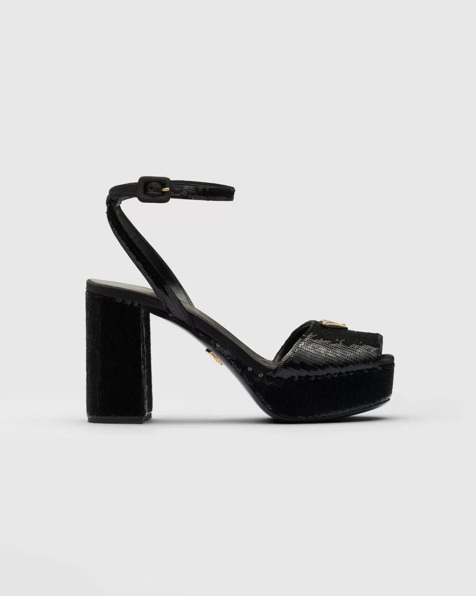 Hot Prada Plateausandalen Aus Satin Mit Paillettenbesatz Schwarz