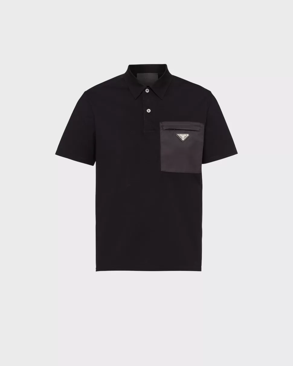 Clearance Prada Poloshirt Aus Baumwoll-stretch Re-nylon-details Schwarz/Schwarz