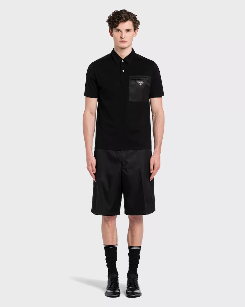 Clearance Prada Poloshirt Aus Baumwoll-stretch Re-nylon-details Schwarz/Schwarz