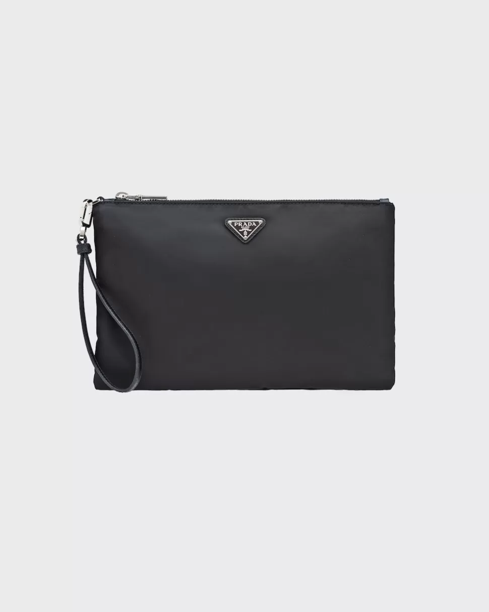 New Prada Pouch Aus Re-nylon Und Saffiano-leder Schwarz
