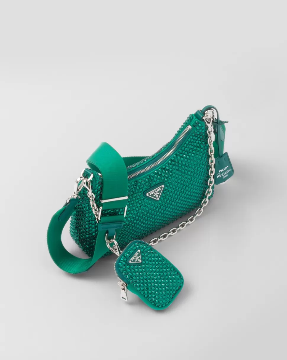 Shop Prada Re-edition 2005 Tasche Aus Satin Mit Kristallen Schwarz