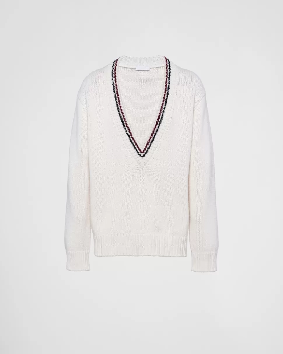 Store Prada Pullover Aus Kaschmir Mit V-ausschnitt Weiss