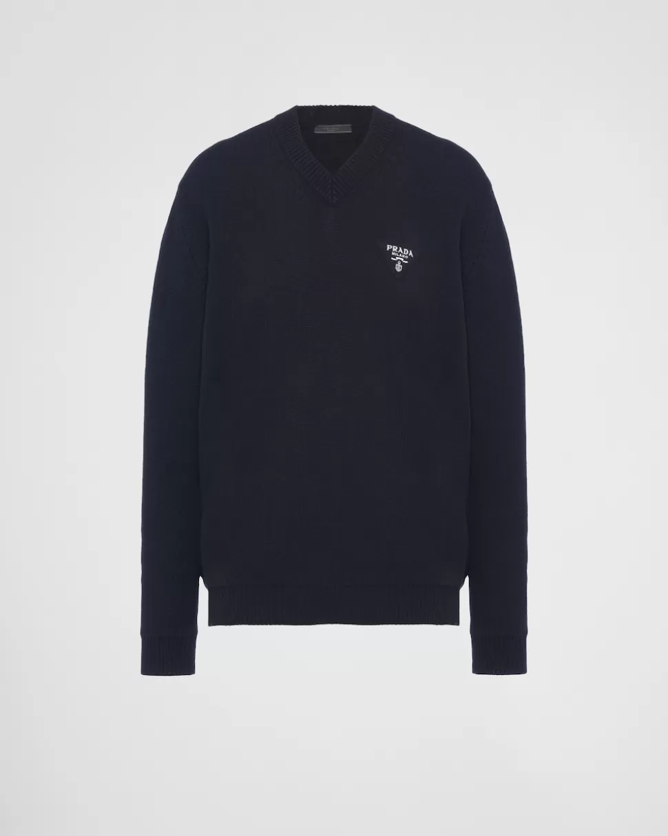 Best Prada Pullover Aus Kaschmir Mit V-ausschnitt Blau/Schwarz