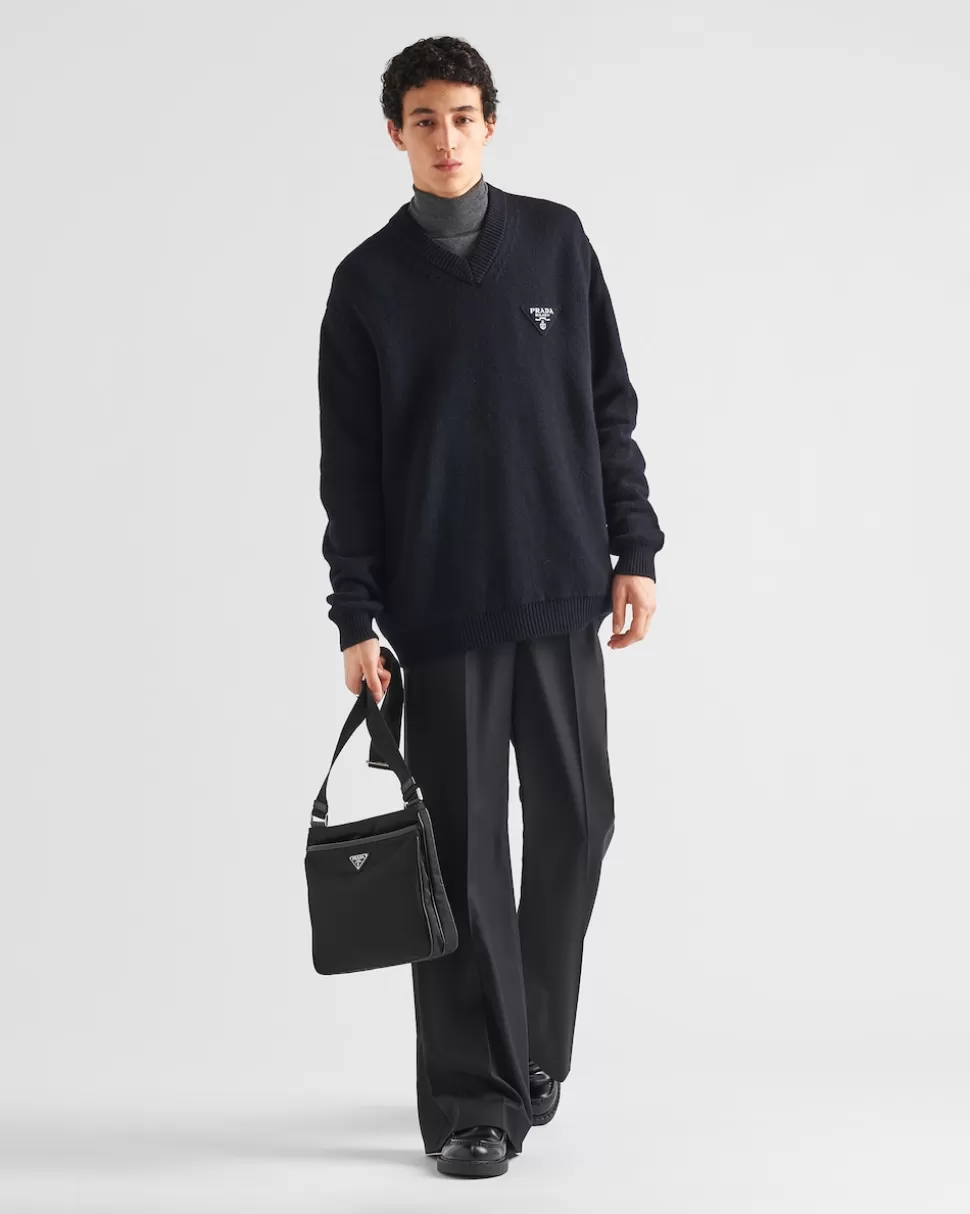 Best Prada Pullover Aus Kaschmir Mit V-ausschnitt Blau/Schwarz