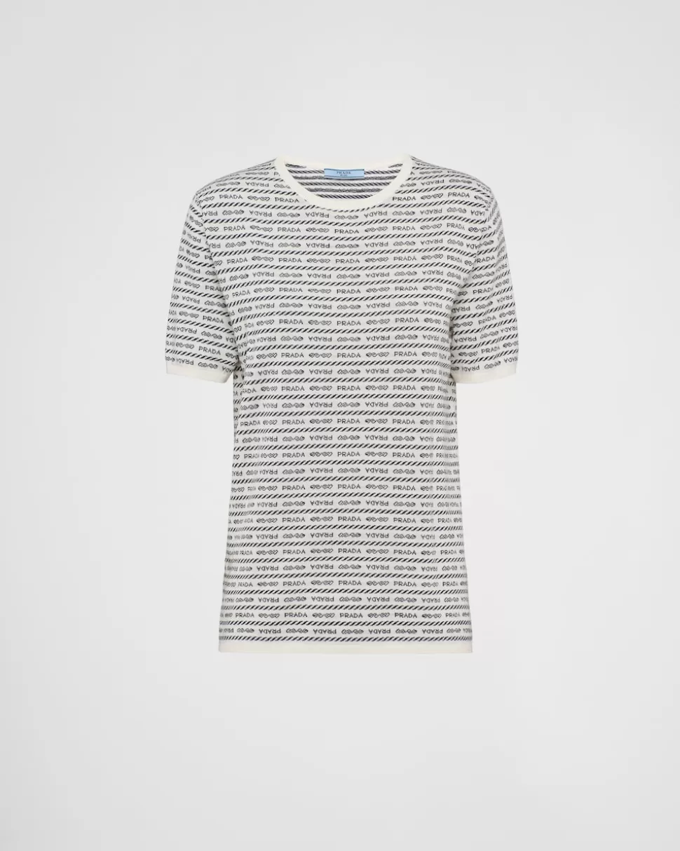 Sale Prada Pullover Aus Superfine-wool Mit Intarsienlogo Weiss/Blau