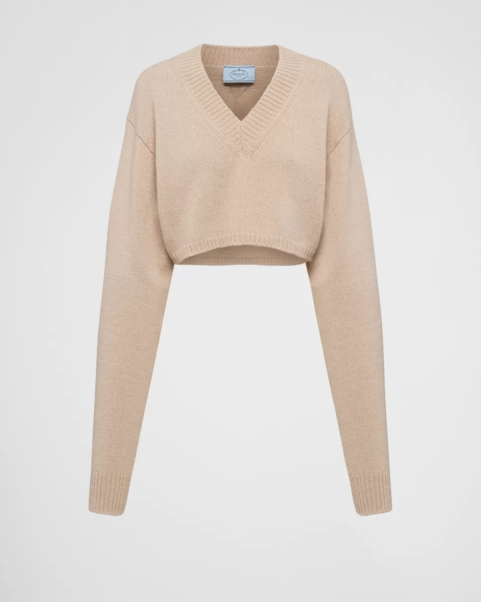 Sale Prada Pullover Mit V-ausschnitt Aus Wolle Und Kaschmir Kamelbraun