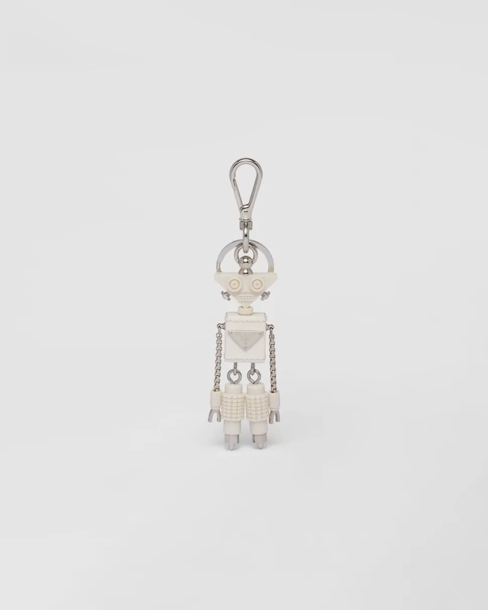 Sale Prada Roboter-schlüsselanhänger Aus Saffiano-leder Weiss