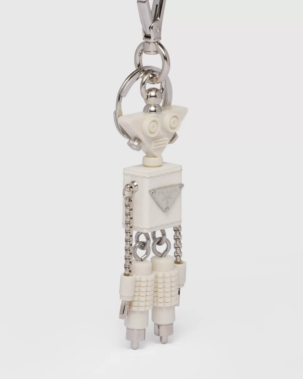 Sale Prada Roboter-schlüsselanhänger Aus Saffiano-leder Weiss