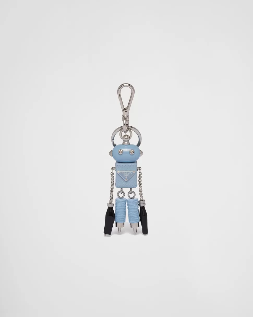 New Prada Roboter-schlüsselanhänger Aus Saffiano-leder Hellblau