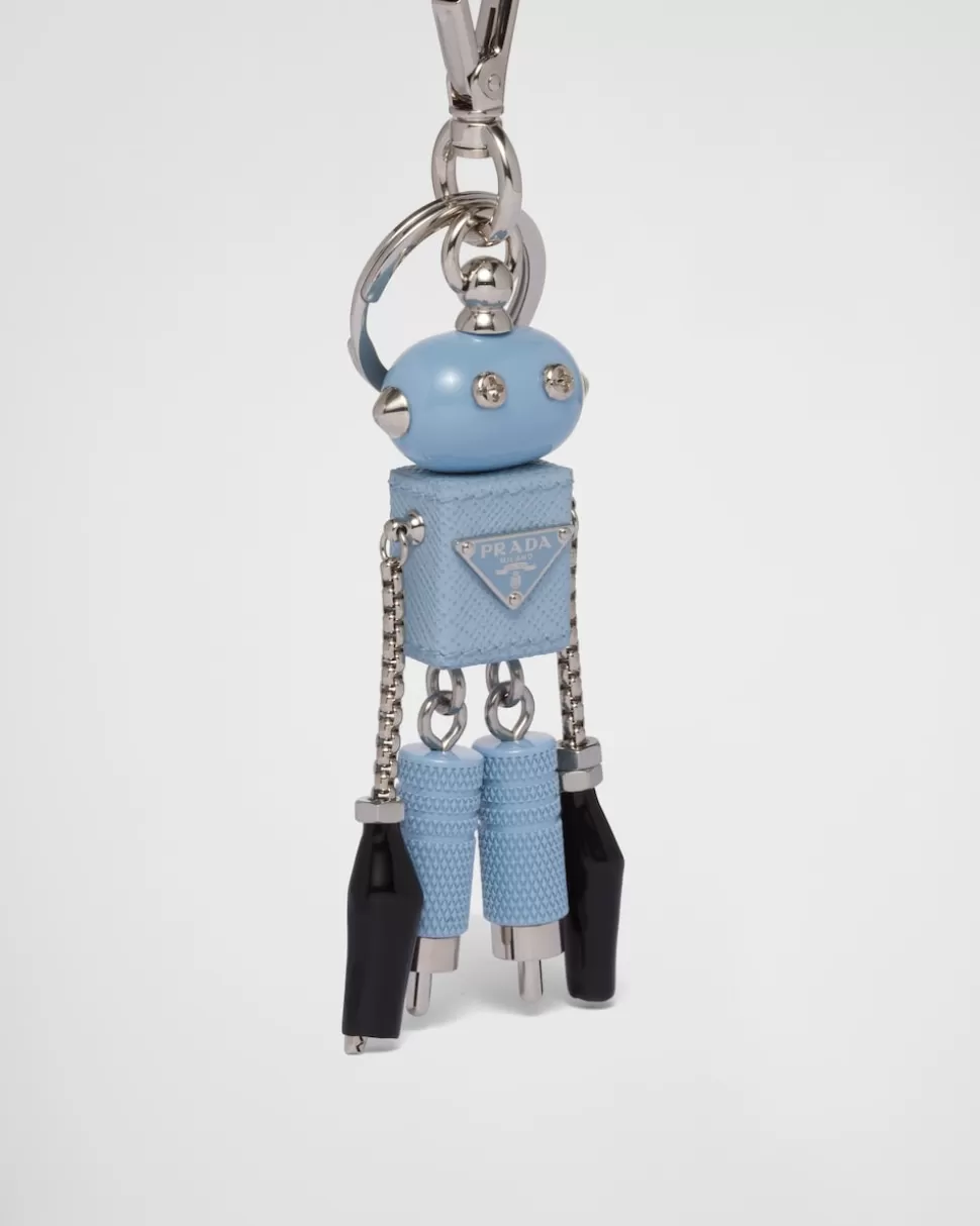 New Prada Roboter-schlüsselanhänger Aus Saffiano-leder Hellblau