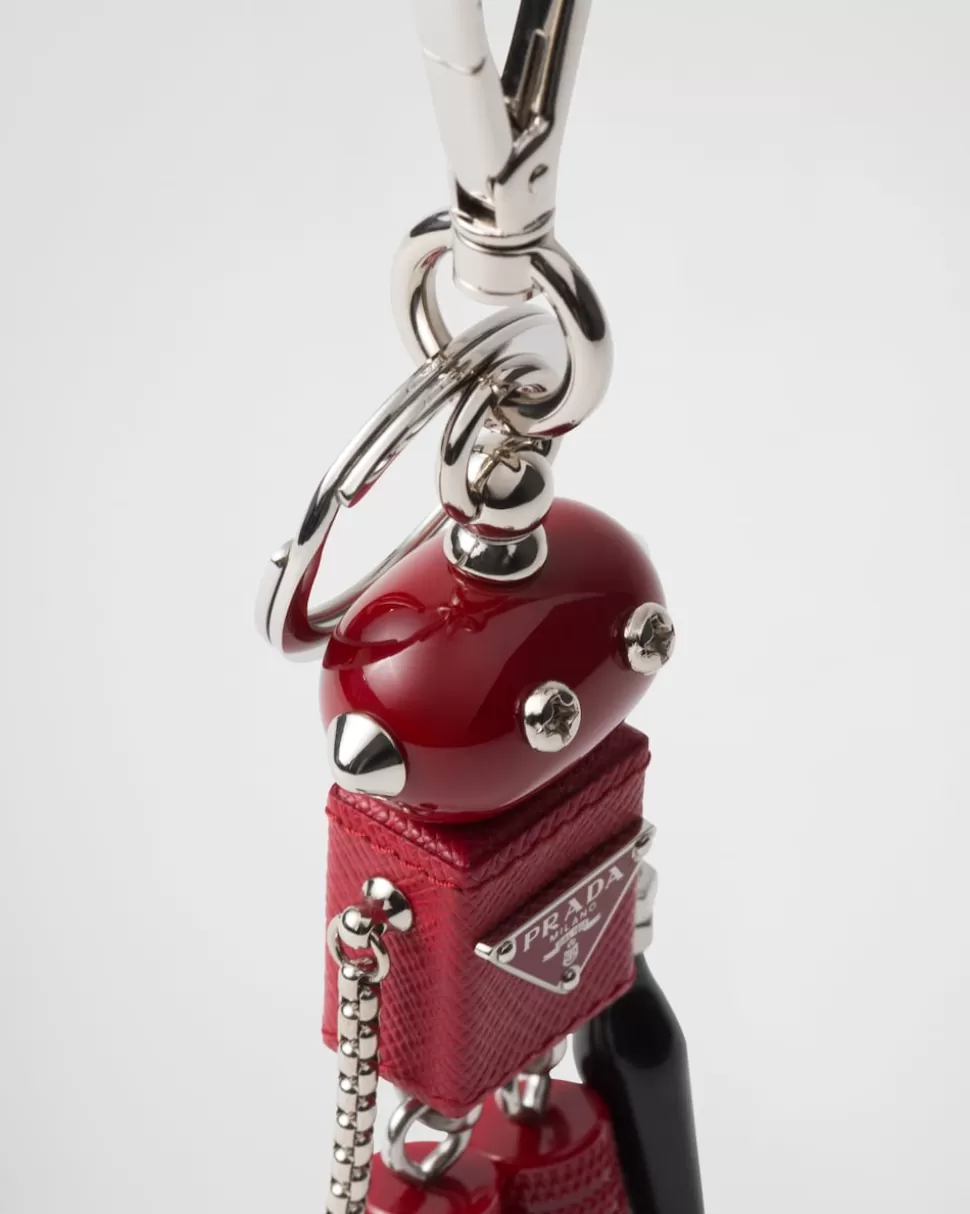 Shop Prada Roboter-schlüsselanhänger Aus Saffiano-leder Hellblau
