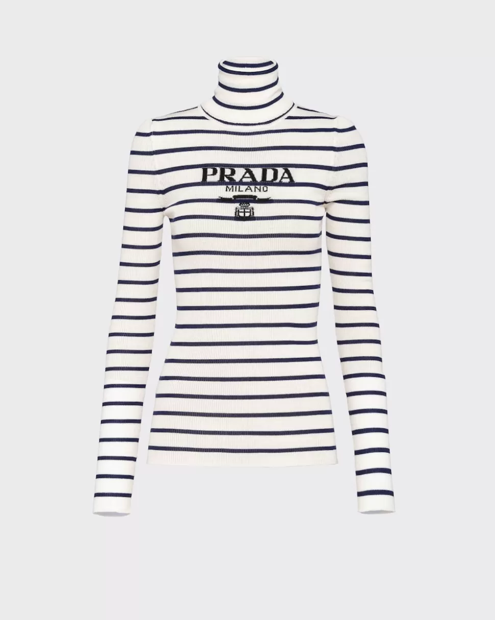 Clearance Prada Rollkragenpullover Aus Superfine-wool Elfenbein/Marineblau