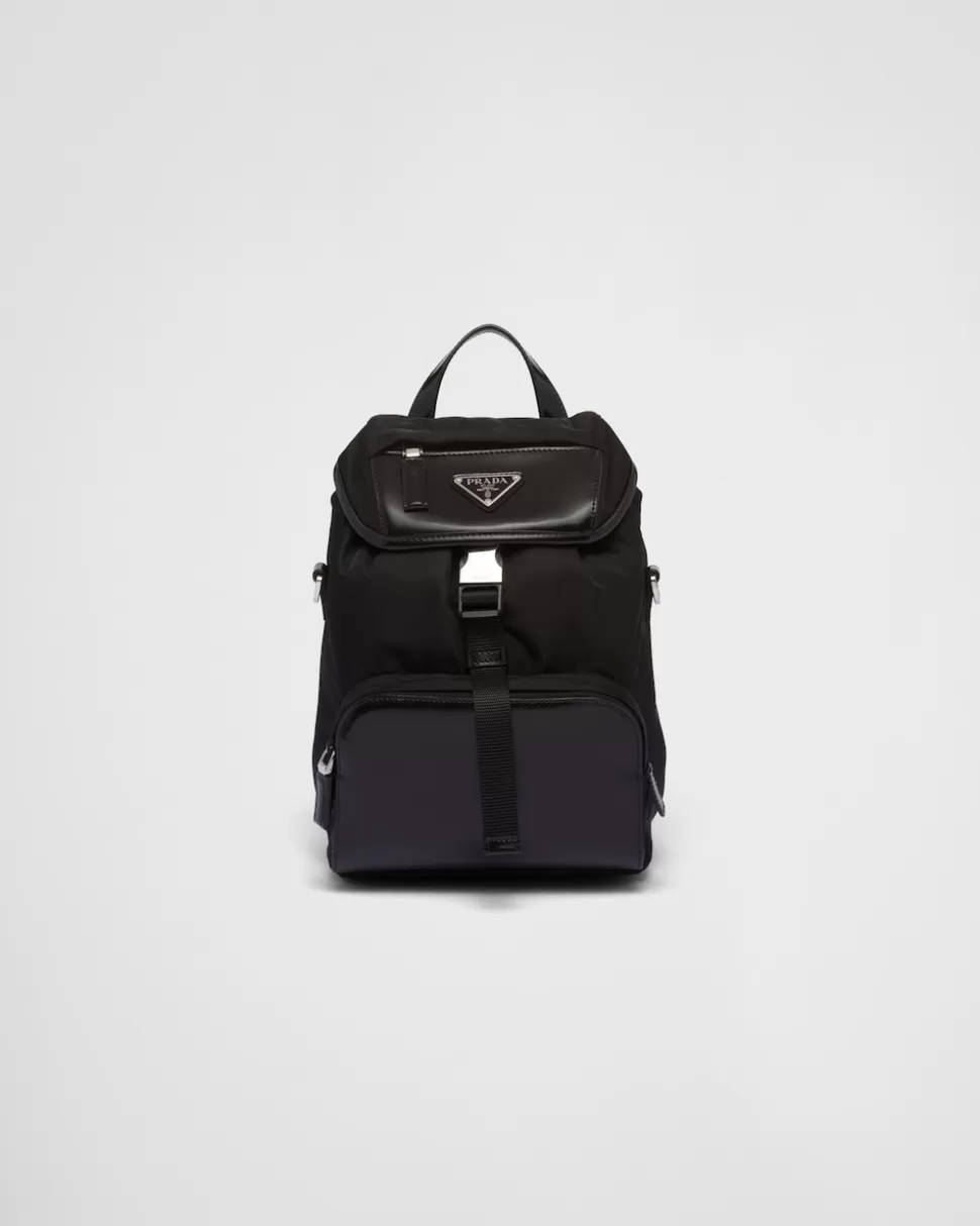 Shop Prada Rucksack Aus Re-nylon Und Gebürstetem Leder Schwarz
